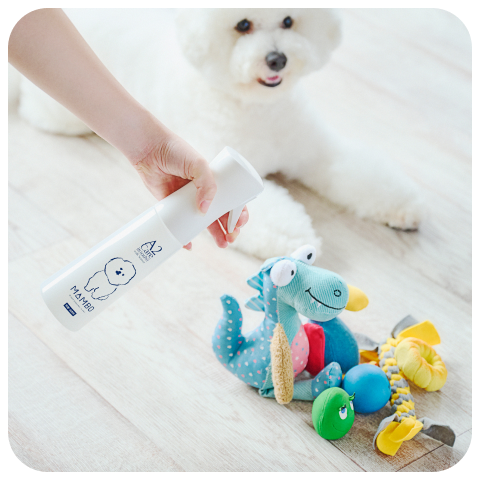 白犬の手前に並ぶペット用おもちゃにマイクロミストスプレーを吹きかけている写真